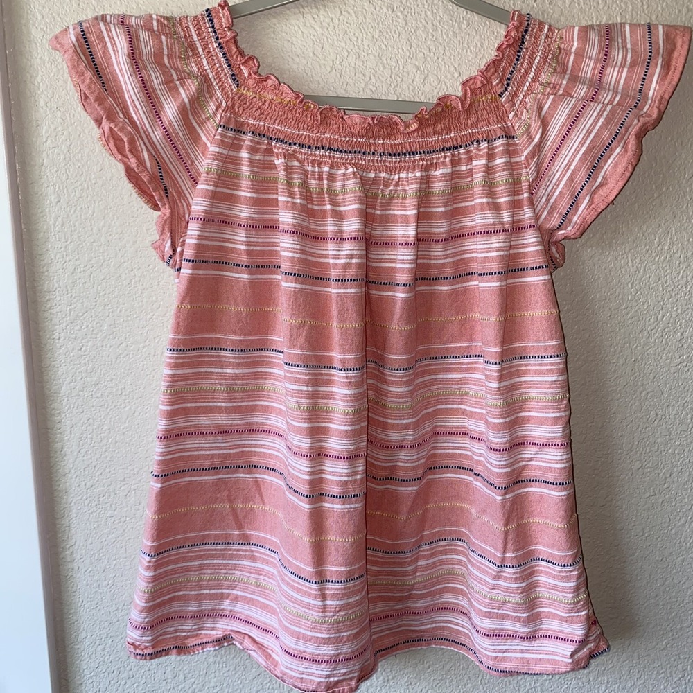 Wrangler Blouse Peach Stripe Smocked  Medium Flutter Sleeve Western Rodeo - Picture 6 of 7